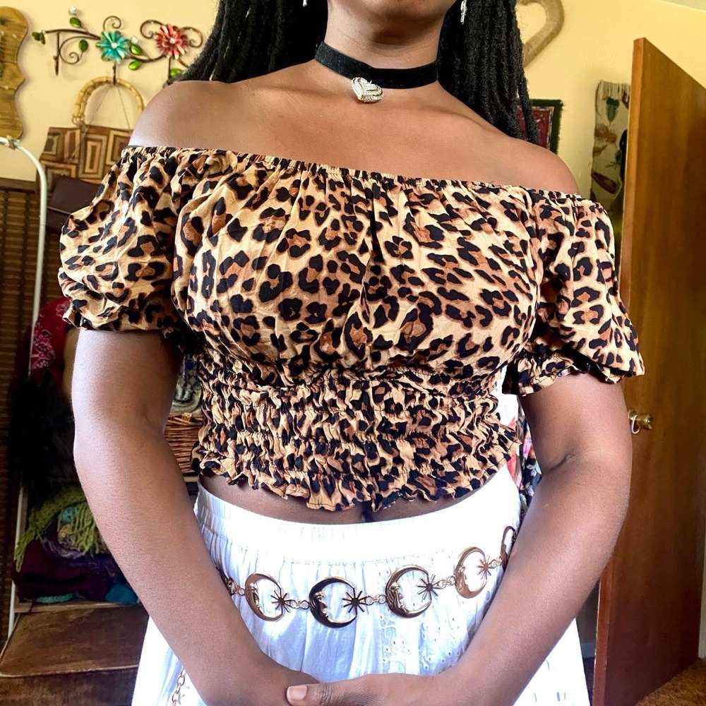 Leopard print off the shoulder top Milk maid crop Top Boho Earthy Fall
